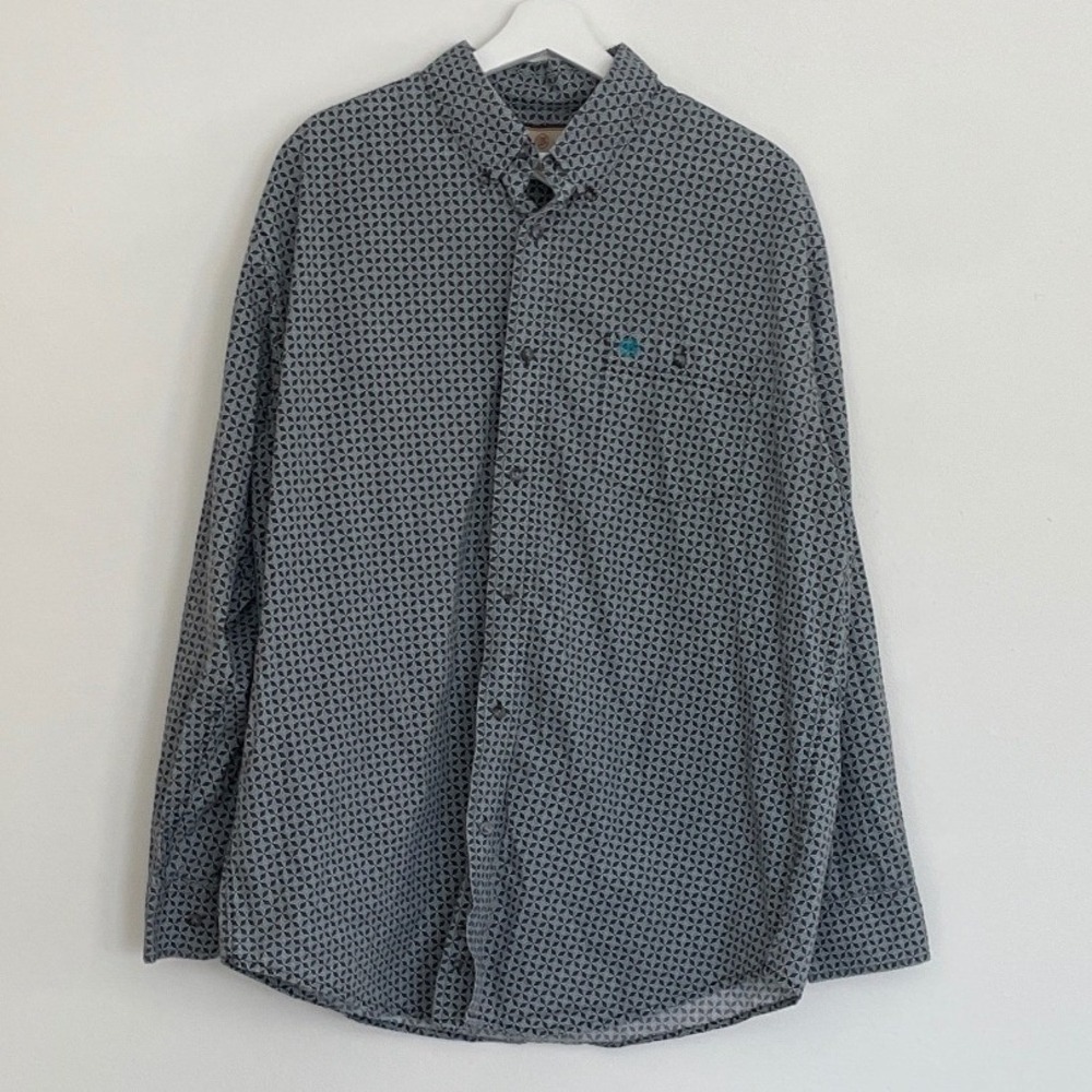 Wrangler Mens‎ Geometric Star Print Button Down Shirt Grey Teal Long Sleeve XL